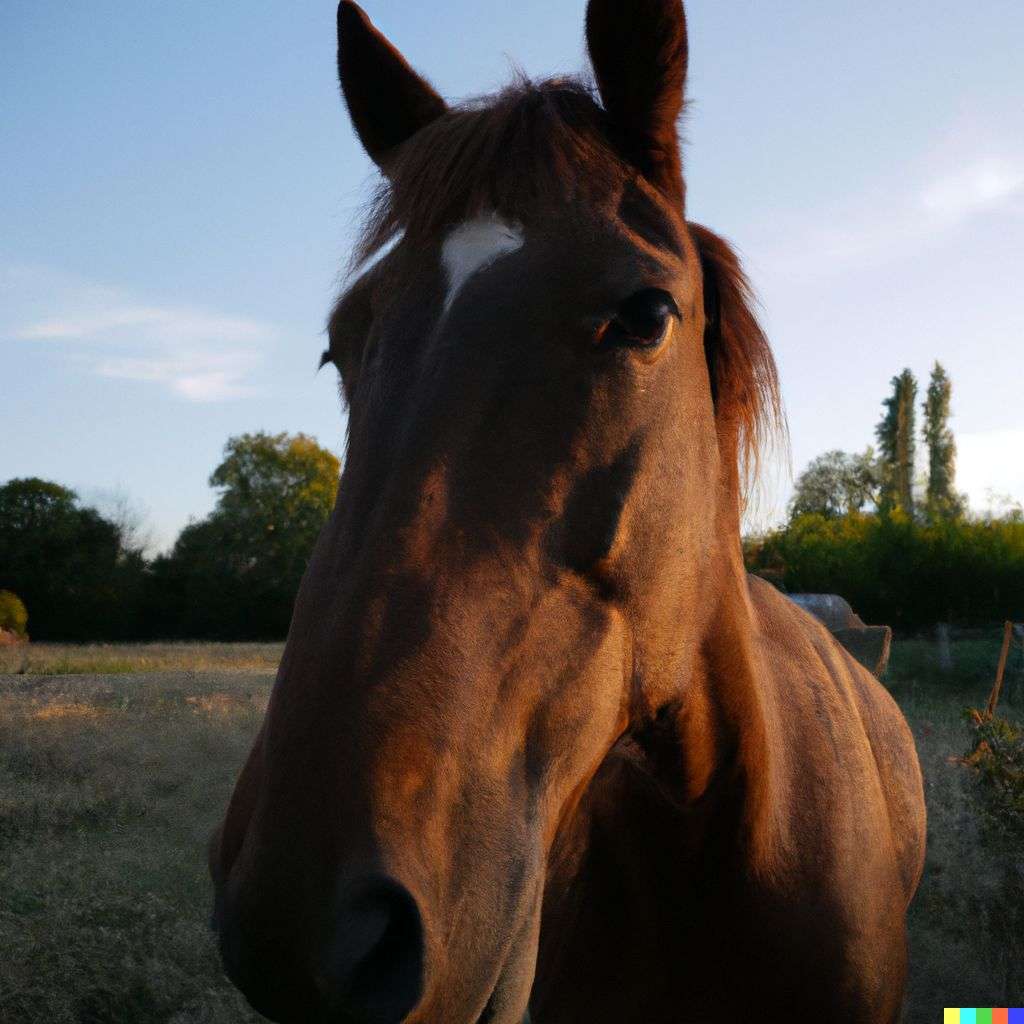 a horse, photograph, taken from a low angle